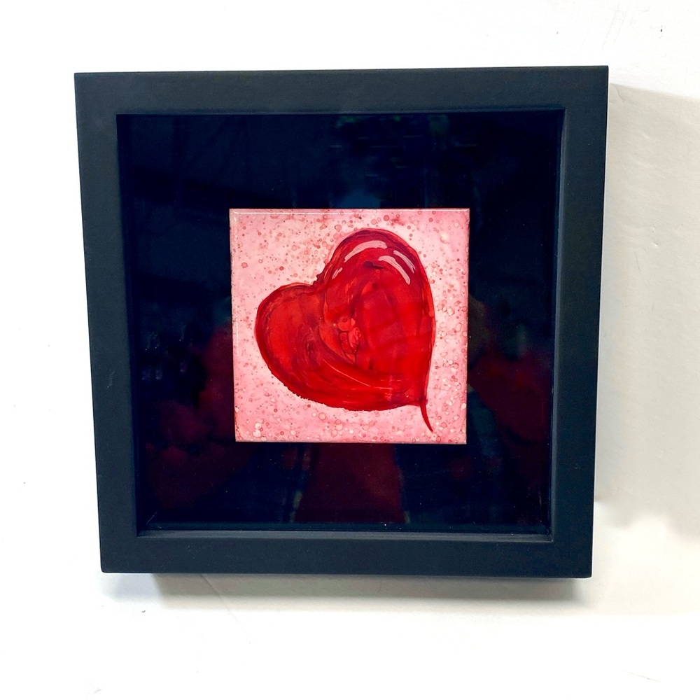 ORIGINAL Handpainted Alcohol Ink Fluid Art Heart Tile in Shadowbox Frame
